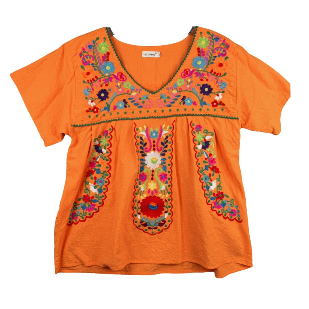 Womens Orange Floral Embroidered Boho Peasant Blouse Top XL